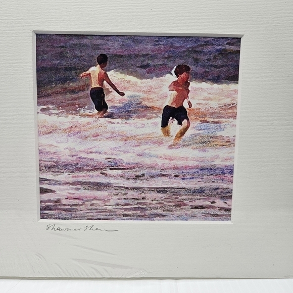 Artwork Print Boys In Surf Colorful Beach Scene Artist Signed In Mat - Picture 6 of 6